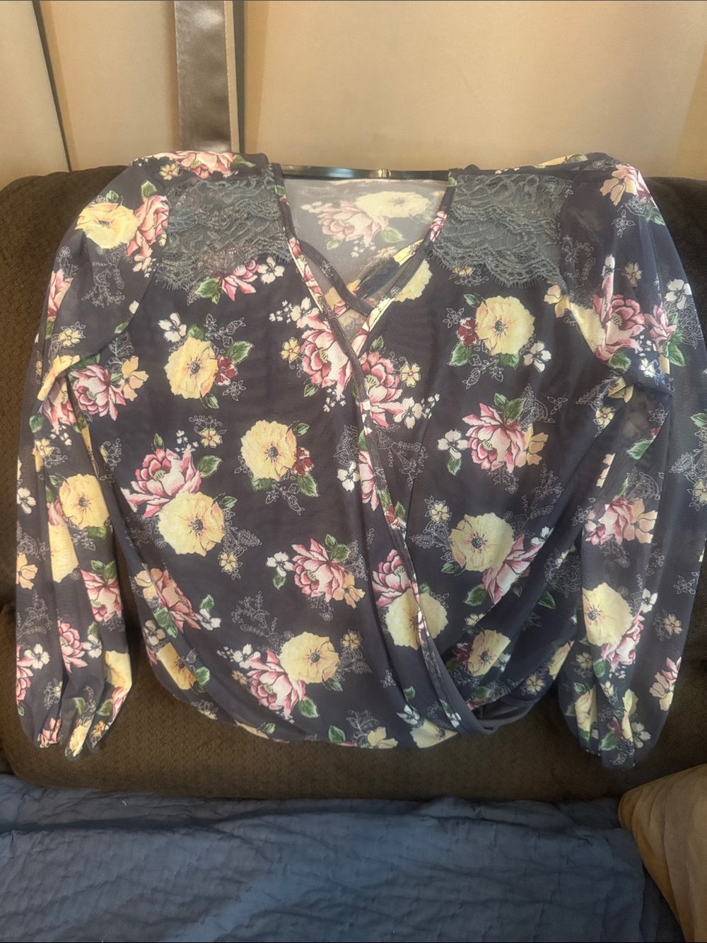 Xhilaration Gray Floral Lace-Trim Wrap Blouse